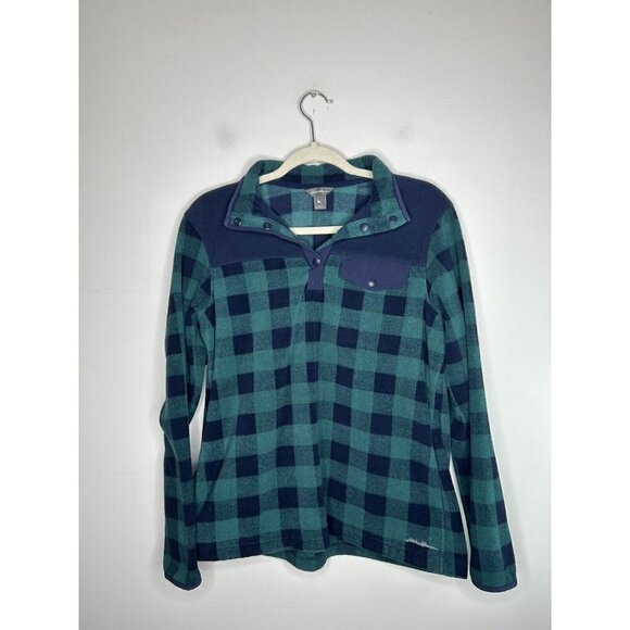 Eddie Bauer Green Navy Plaid Checkered Fleece Pullover Womens Size Large - Picture 1 of 9